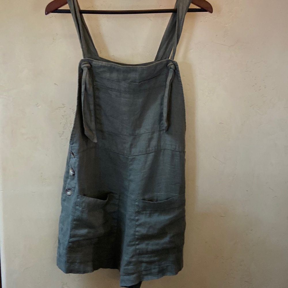 Sz L Banana Moon Olive Green 100% Linen Shortalls Adjust. Straps & Has Pockets